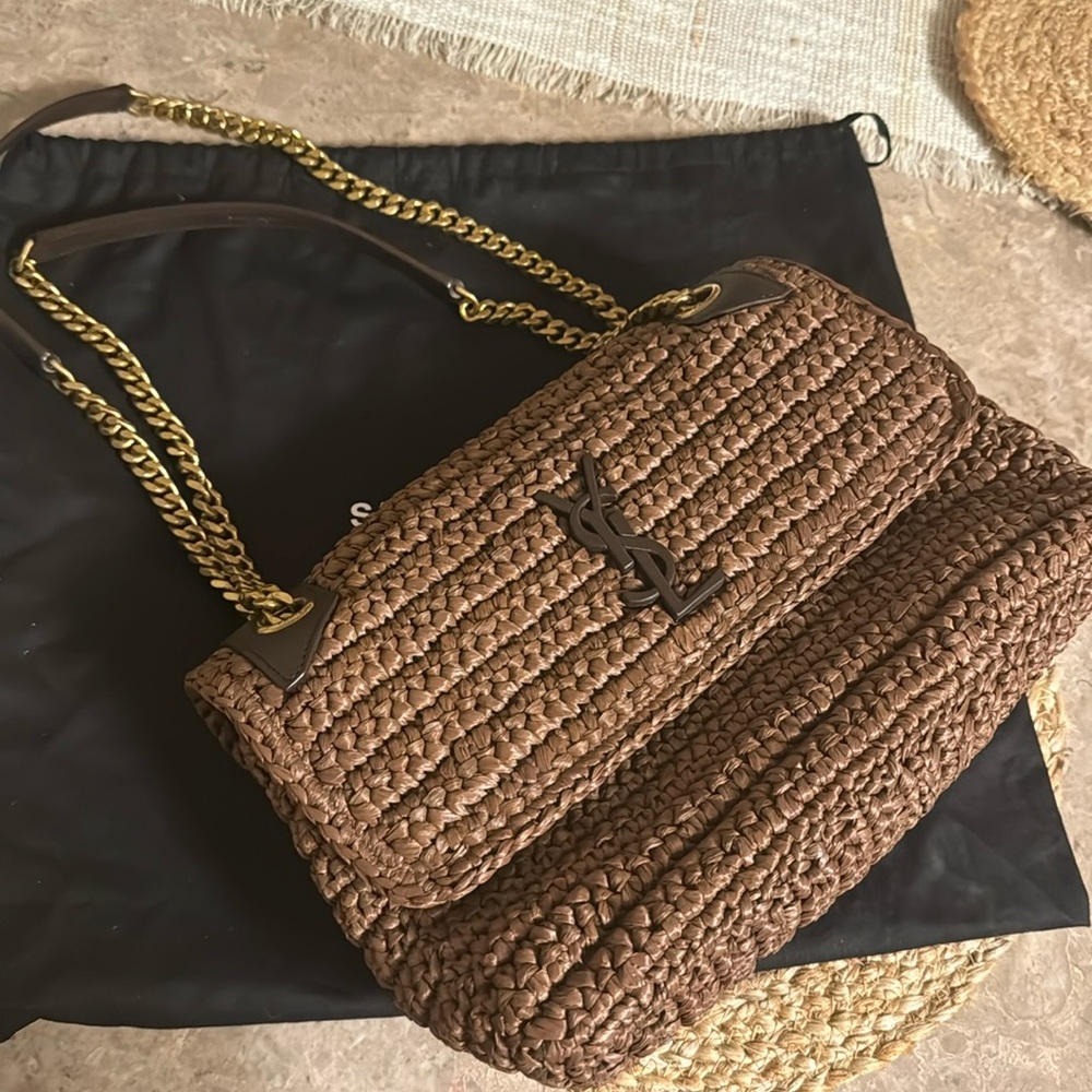 Saint Laurent Raffia Calfskin Monogram Medium Niki Chain Satchel New Nut